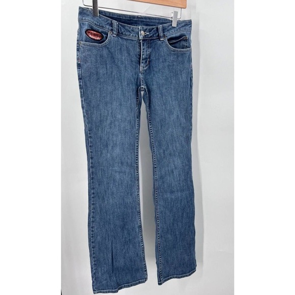 Y2K Harley Davidson Motorcycles Blue Denim Jeans Bootcut Low Rise Womens 2 Long - Picture 1 of 6